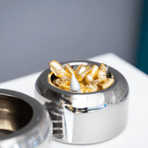 dental crowns with gold inside teeth in a plastic jar for refining, metal at a dentists office